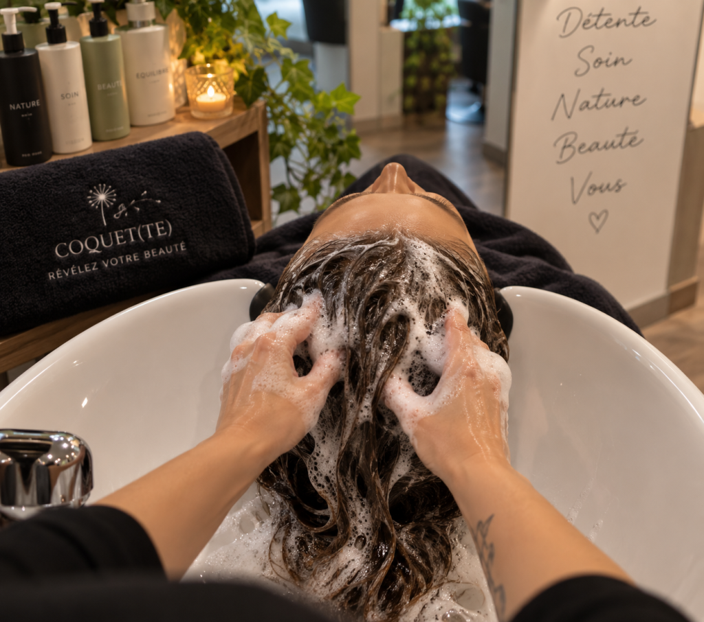 bac à shampoing cliente ayant un shampoing