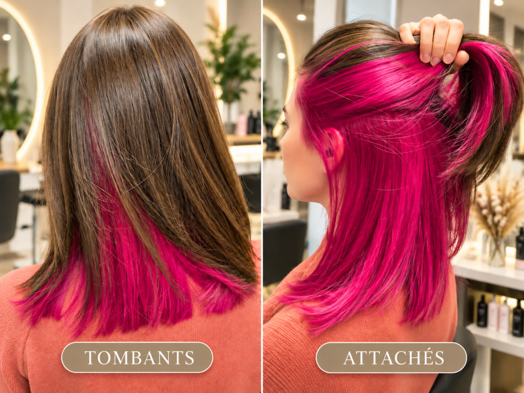 cheveux attachés et tombant dévoilant la couleur du dessous rose